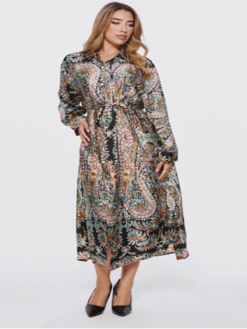 T Tahari Women's Printed Satin Long-Sleeve Midi Dress Size S Beltless NWT